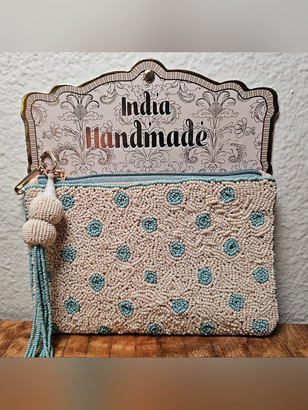 NWT Beaded Blue Polka Dot Zip Pouch Tassel Coin Purse Coastal